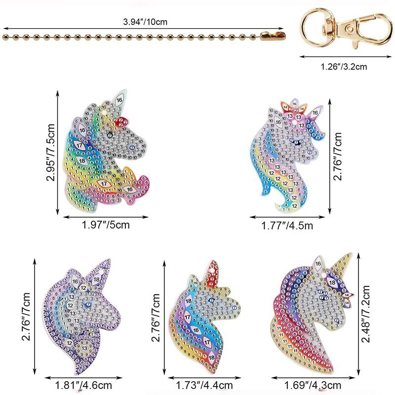 5D Diamond Painting Keychain Unicorns 5 Pieces