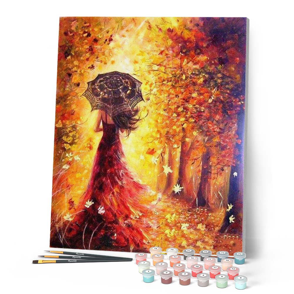 Paint by numbers - Autumn Forest and Woman with Umbrella – Figured'Art