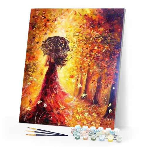 paint by numbers | Autumn Forest and Woman with Umbrella | advanced romance | FiguredArt