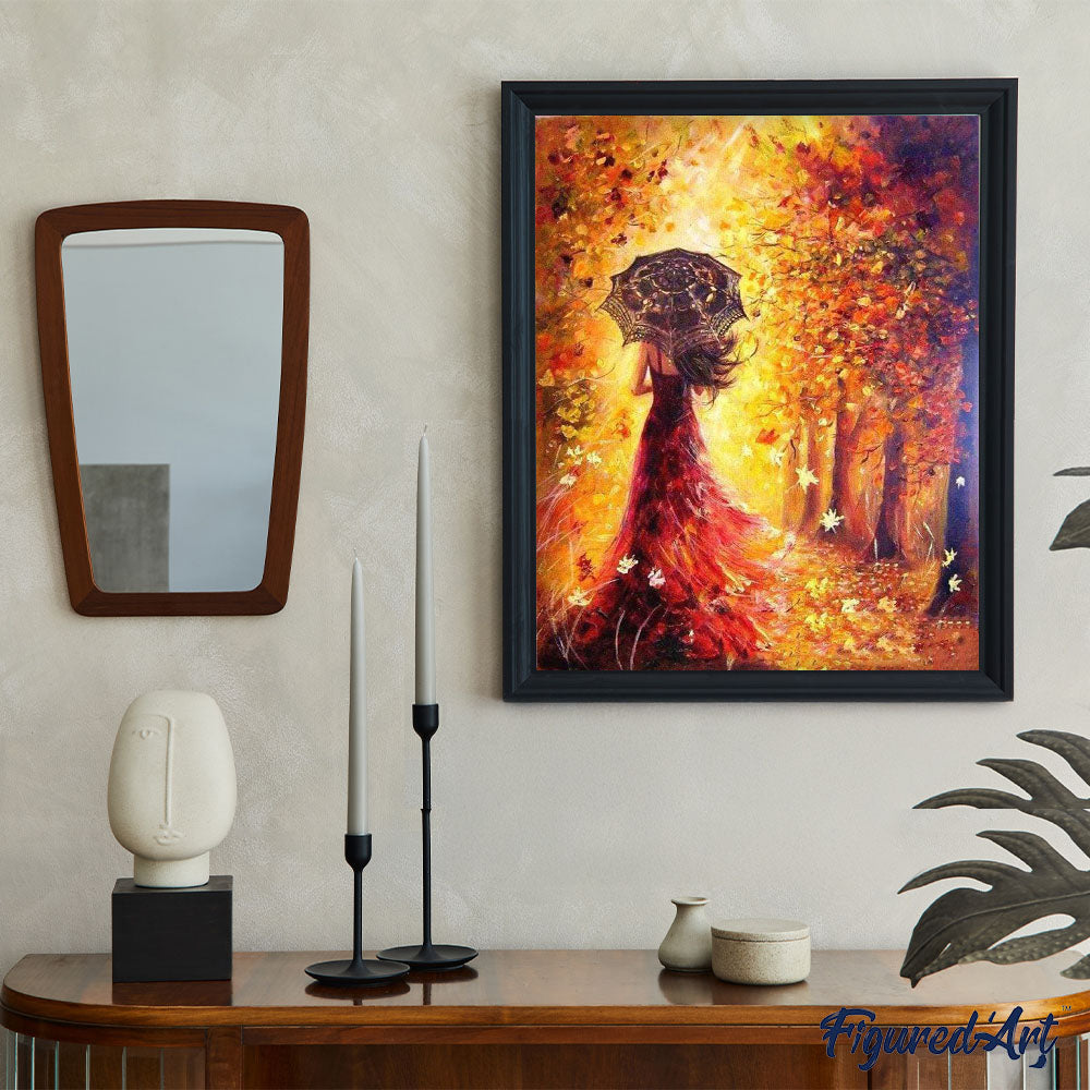 Paint by numbers - Autumn Forest and Woman with Umbrella – Figured'Art