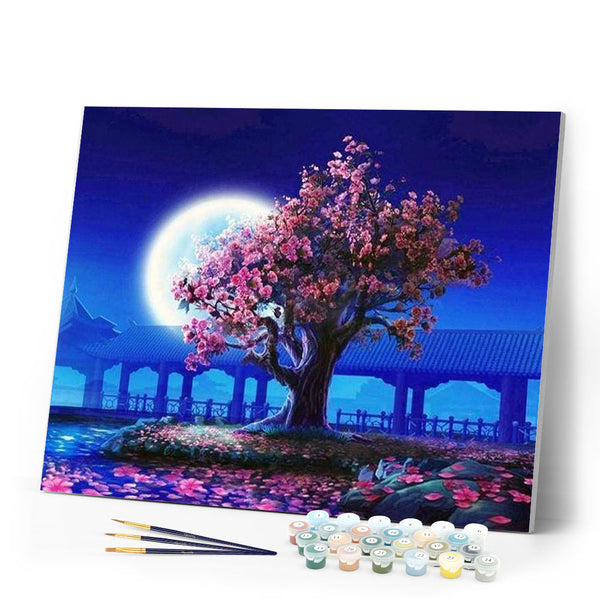paint by numbers | Tree and large moon | flowers intermediate landscapes | FiguredArt