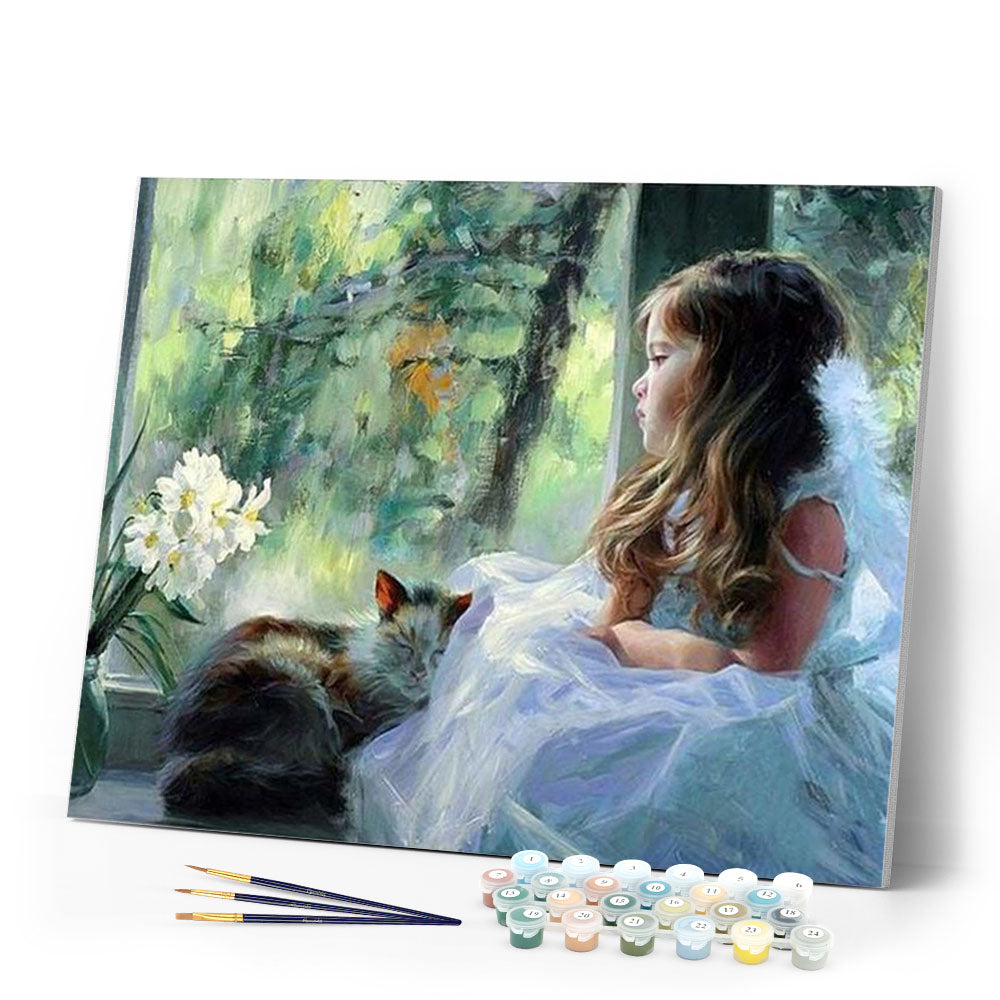paint by numbers | Girl looking through the window | advanced animals cats romance | FiguredArt