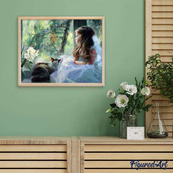 paint by numbers | Girl looking through the window | advanced animals cats romance | FiguredArt