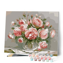 Load image into Gallery viewer, paint by numbers | Bouquet of Pink Flowers on a small Table | flowers intermediate | FiguredArt