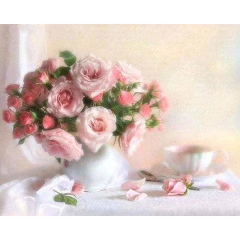 paint by numbers | Pink Roses on a white Table | advanced flowers | FiguredArt