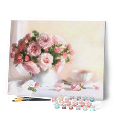 Load image into Gallery viewer, paint by numbers | Pink Roses on a white Table | advanced flowers | FiguredArt