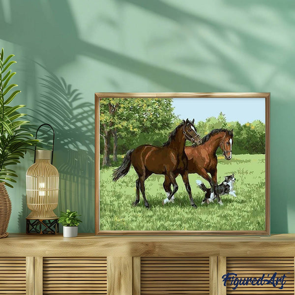 paint by numbers | Two Horses And Dog | animals dogs horses intermediate | FiguredArt