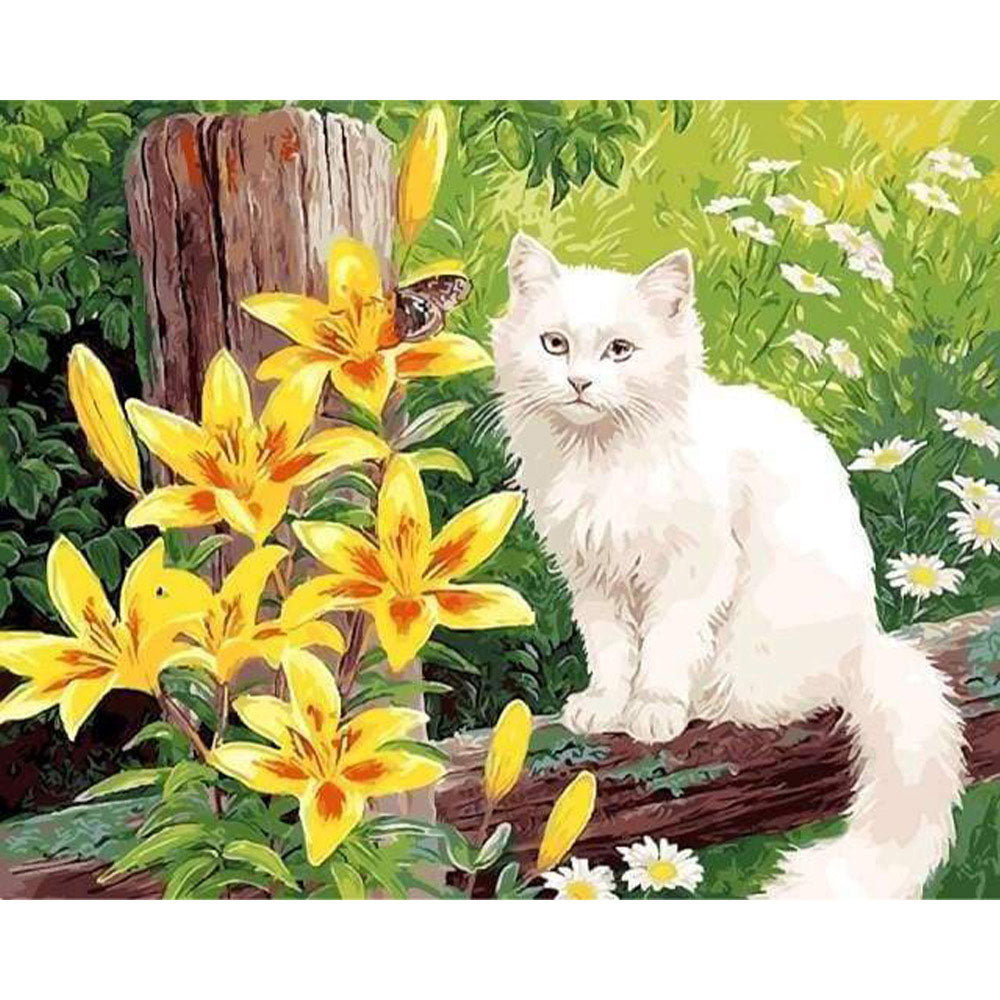 paint by numbers | White Cat and Yellow Flowers | animals cats intermediate | FiguredArt