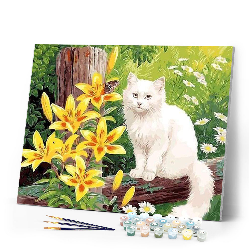 paint by numbers | White Cat and Yellow Flowers | animals cats intermediate | FiguredArt