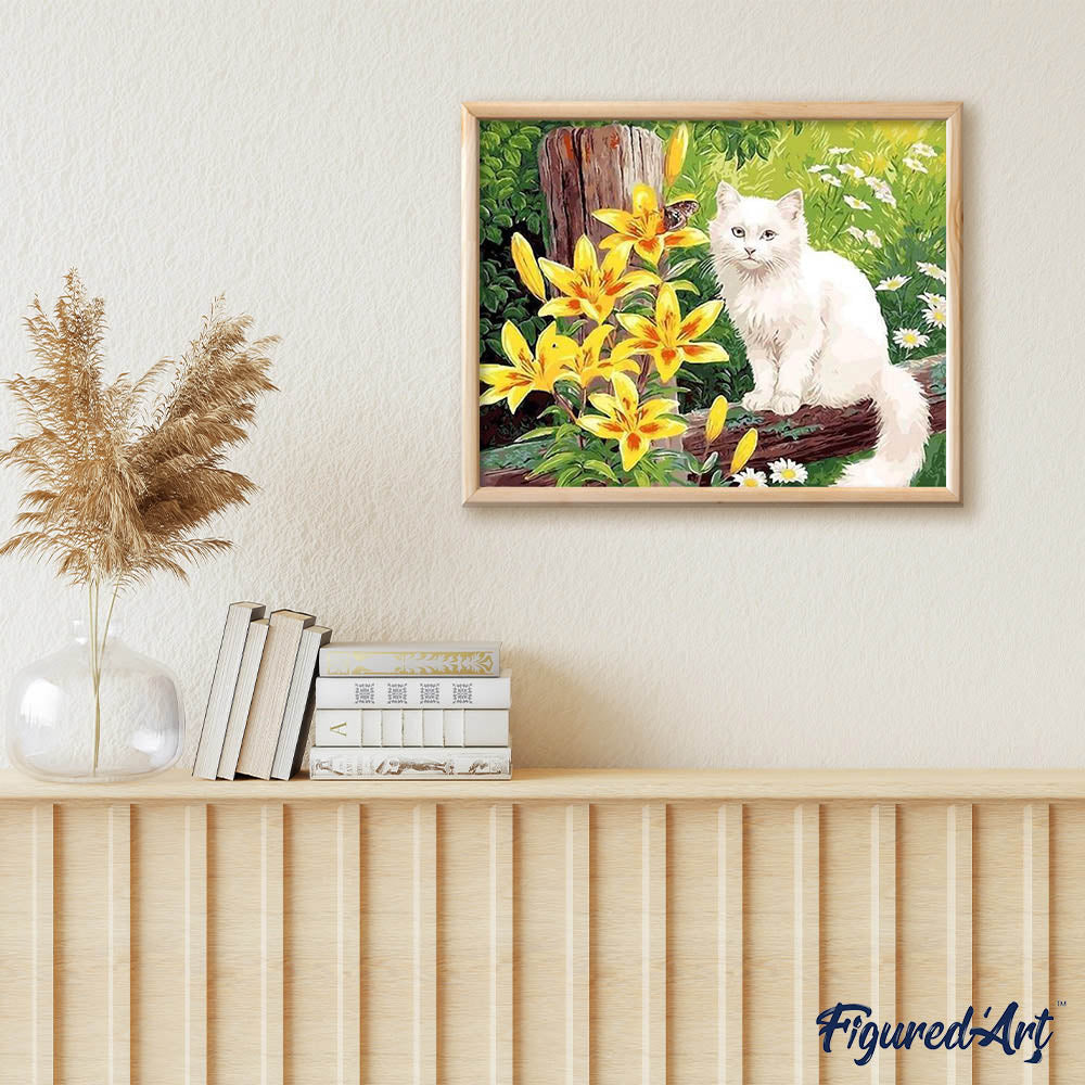 paint by numbers | White Cat and Yellow Flowers | animals cats intermediate | FiguredArt