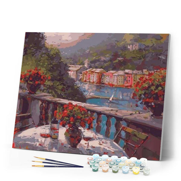 paint by numbers | Glass of wine and Terrasse View | intermediate landscapes | FiguredArt