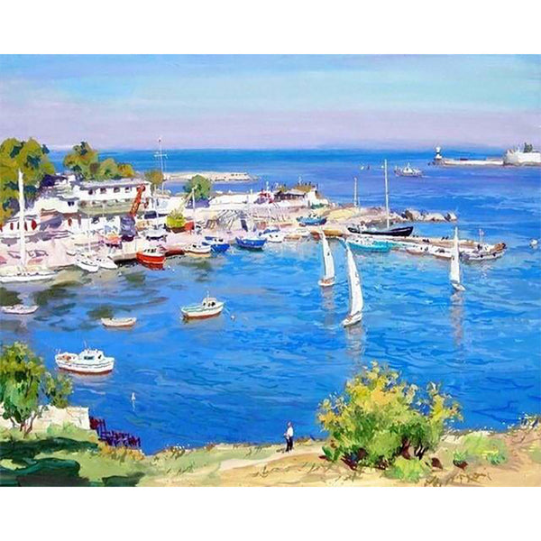 paint by numbers | View of a Greek Harbor | advanced landscapes ships and boats | FiguredArt