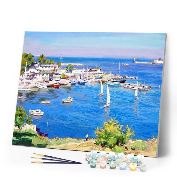 paint by numbers | View of a Greek Harbor | advanced landscapes ships and boats | FiguredArt