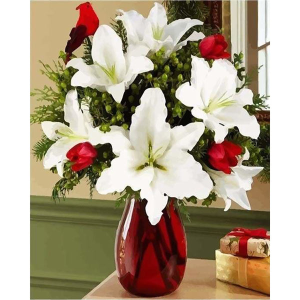 paint by numbers | Red vase and White Flower | flowers intermediate | FiguredArt