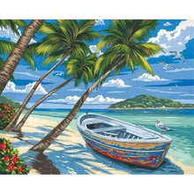 Load image into Gallery viewer, paint by numbers | Boat under the Coconut trees | easy landscapes ships and boats | FiguredArt