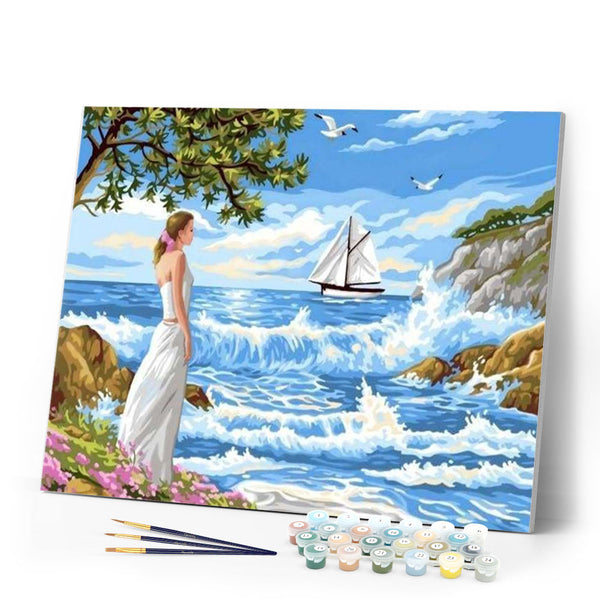 paint by numbers | Girl and Waves | easy landscapes ships and boats | FiguredArt
