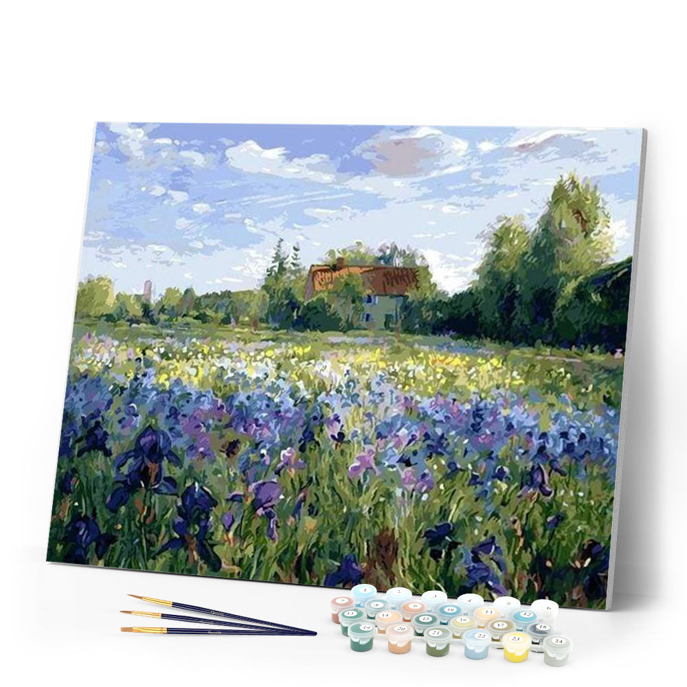 Paint by numbers - Countryside field and Blue Flowers – Figured'Art