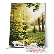 Load image into Gallery viewer, paint by numbers | Swans in the Forest | advanced birds landscapes swans | FiguredArt