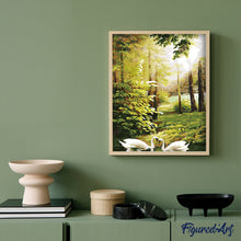 Load image into Gallery viewer, paint by numbers | Swans in the Forest | advanced birds landscapes swans | FiguredArt