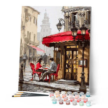 Load image into Gallery viewer, Paint by numbers | Couple at a cafe | intermediate romance cities | Figured'Art