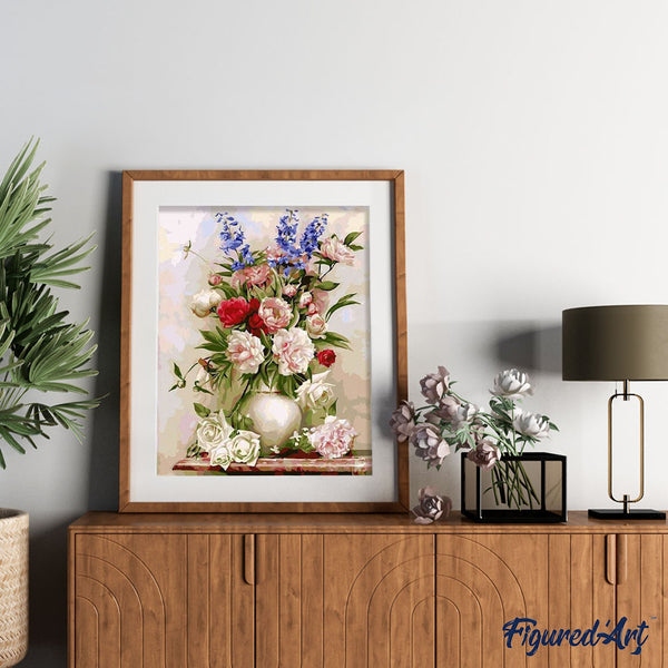 paint by numbers | Colorful Flowers in a White Vase | flowers intermediate | FiguredArt