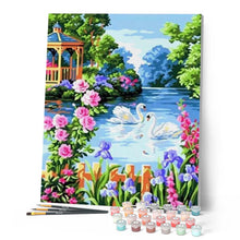 Load image into Gallery viewer, paint by numbers | Swan Lake on a Sunny Day | animals birds intermediate landscapes swans | FiguredArt