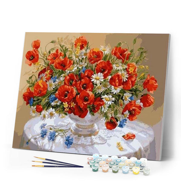 paint by numbers | Red Flowers bouquet on a table | flowers intermediate | FiguredArt