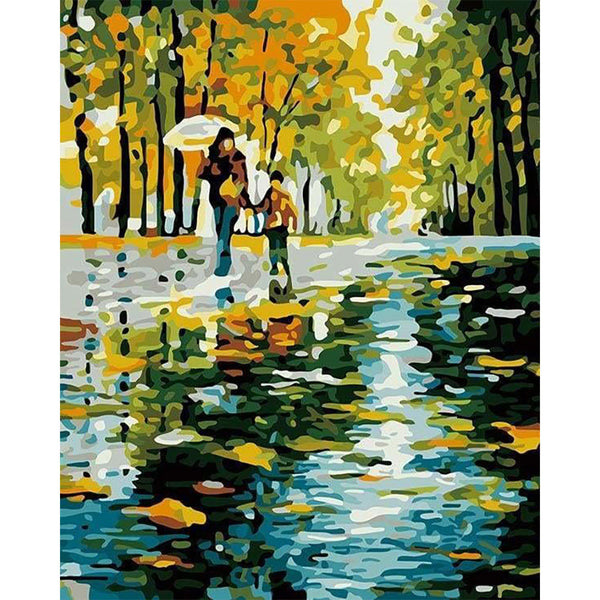 paint by numbers | Mother And Son In The Rain | intermediate landscapes trees | FiguredArt