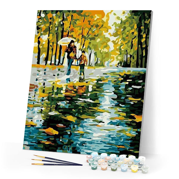 paint by numbers | Mother And Son In The Rain | intermediate landscapes trees | FiguredArt
