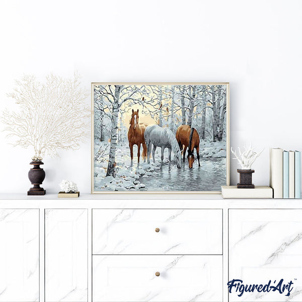 paint by numbers | Horses in the White Forest | animals horses intermediate landscapes | FiguredArt