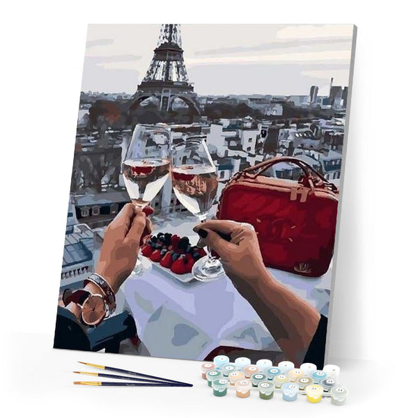 paint by numbers | Cheers with Eiffel Tower View | cities intermediate romance | FiguredArt