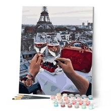 Load image into Gallery viewer, paint by numbers | Cheers with Eiffel Tower View | cities intermediate romance | FiguredArt