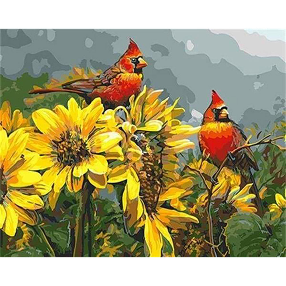 paint by numbers | Red Birds and Sunflowers | animals birds flowers intermediate | FiguredArt