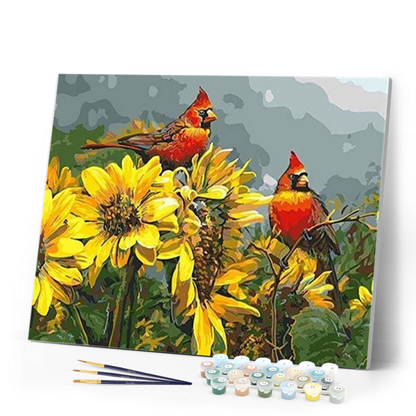 paint by numbers | Red Birds and Sunflowers | animals birds flowers intermediate | FiguredArt