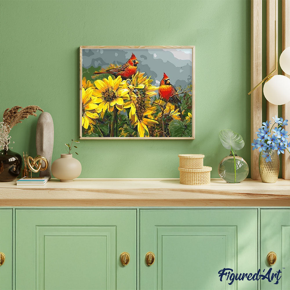 paint by numbers | Red Birds and Sunflowers | animals birds flowers intermediate | FiguredArt