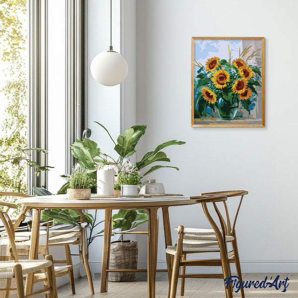 Transparent vase and sunflowers