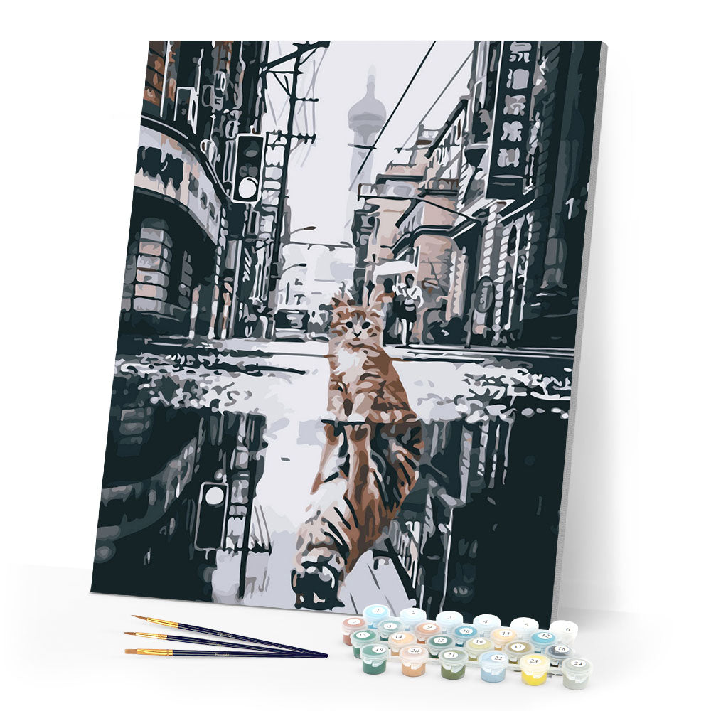 Paint by Numbers - Cat reflecting tiger in the city