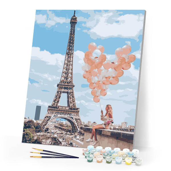 Paint by Numbers - Woman and balloons by the Eiffel Tower