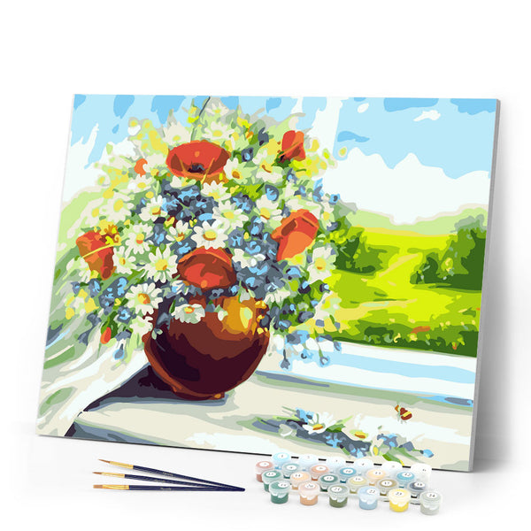 Paint by Numbers - Vase of flowers with a view of the fields