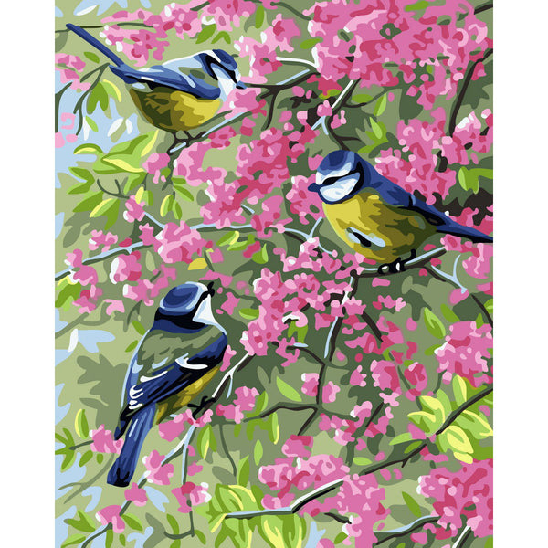 Three birds on flowery branches