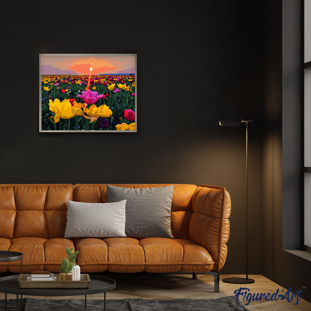 Sunset and flower fields