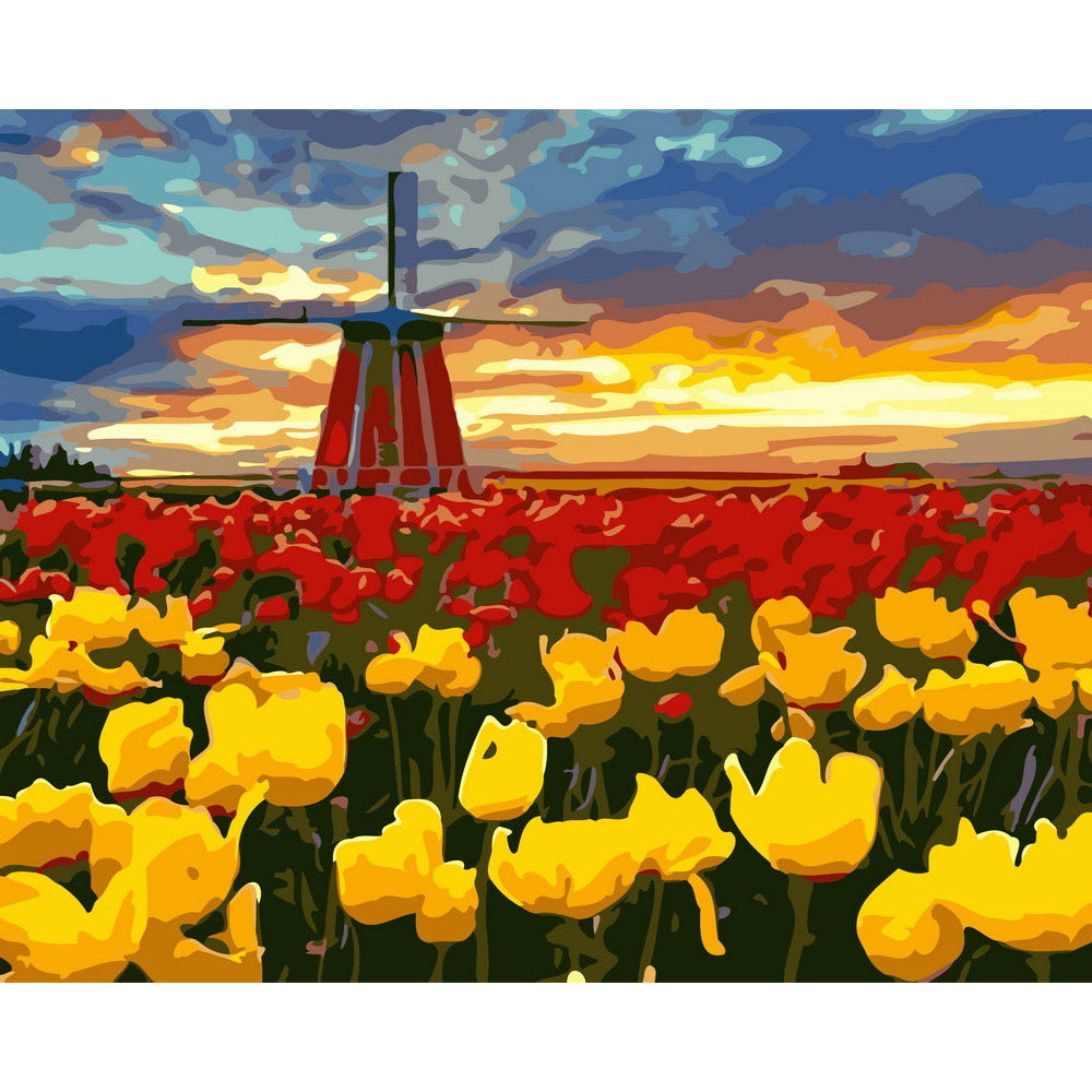 Windmill and red and yellow tulips