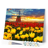 Paint by Numbers - Windmill and red and yellow tulips