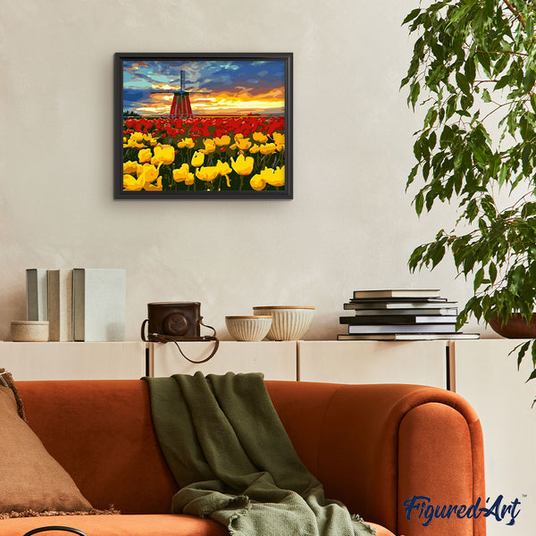Windmill and red and yellow tulips