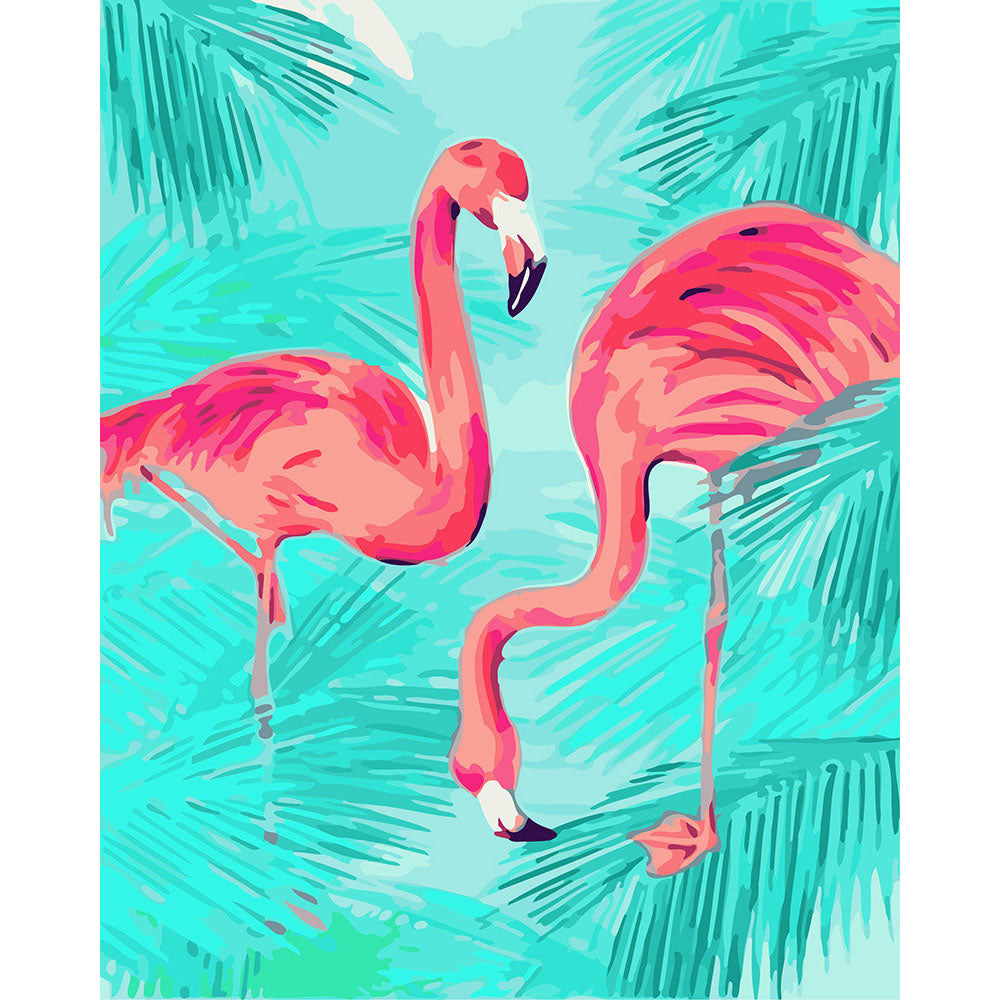 Duo of Pink Flamingos and Foliage
