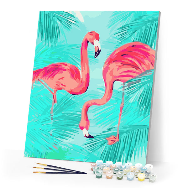 Duo of Pink Flamingos and Foliage