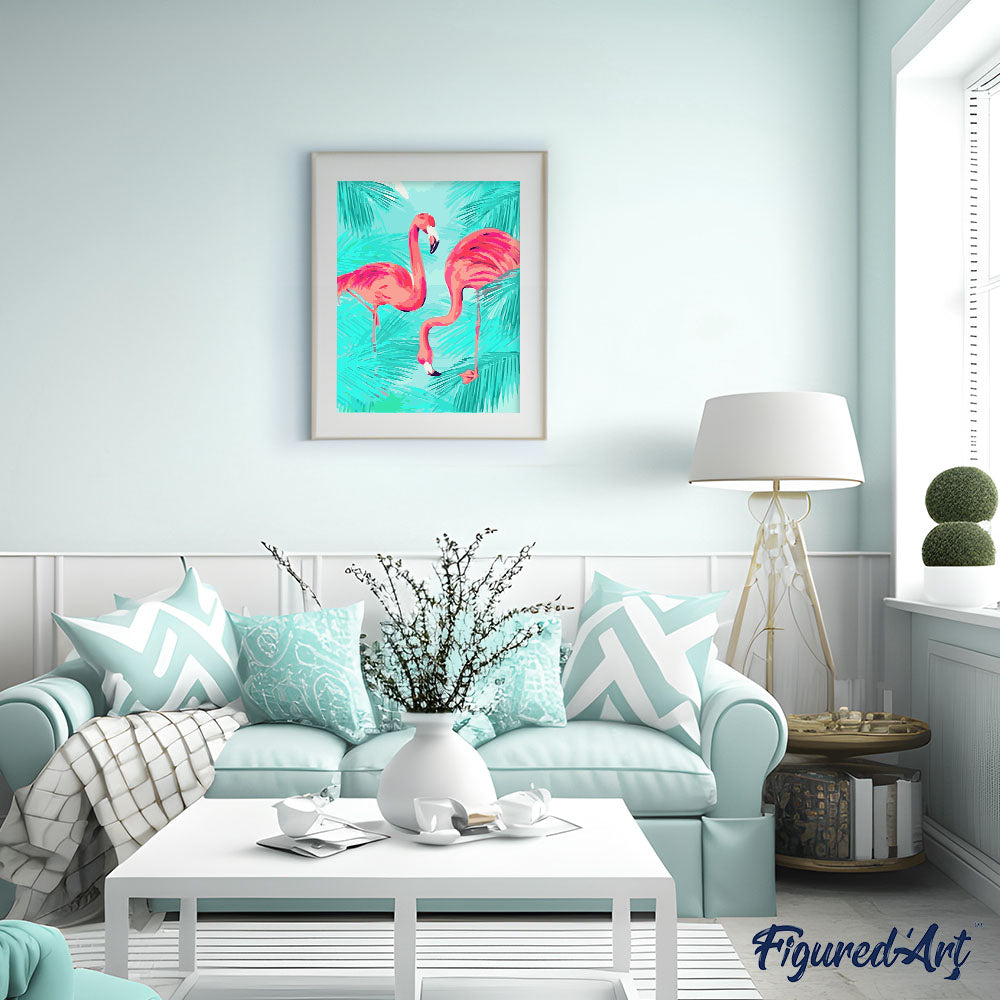 Duo of Pink Flamingos and Foliage
