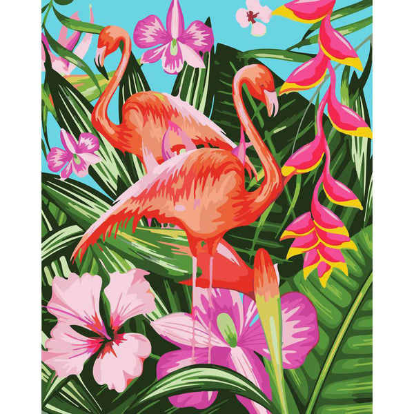 Paint by numbers | Flamingos and large leaves | animals advanced flamingos new arrivals birds | Figured'Art