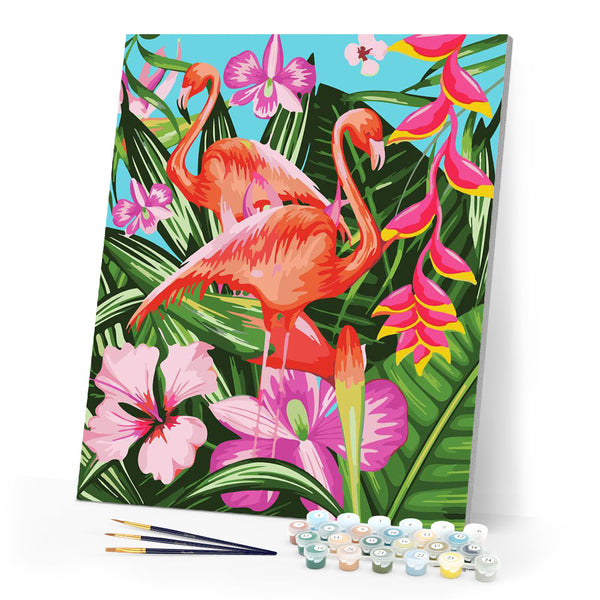 Paint by numbers | Flamingos and large leaves | animals advanced flamingos new arrivals birds | Figured'Art