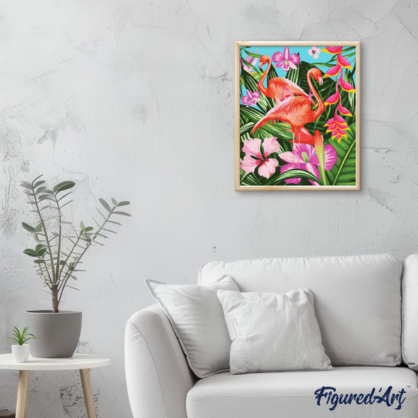 Paint by numbers | Flamingos and large leaves | animals advanced flamingos new arrivals birds | Figured'Art